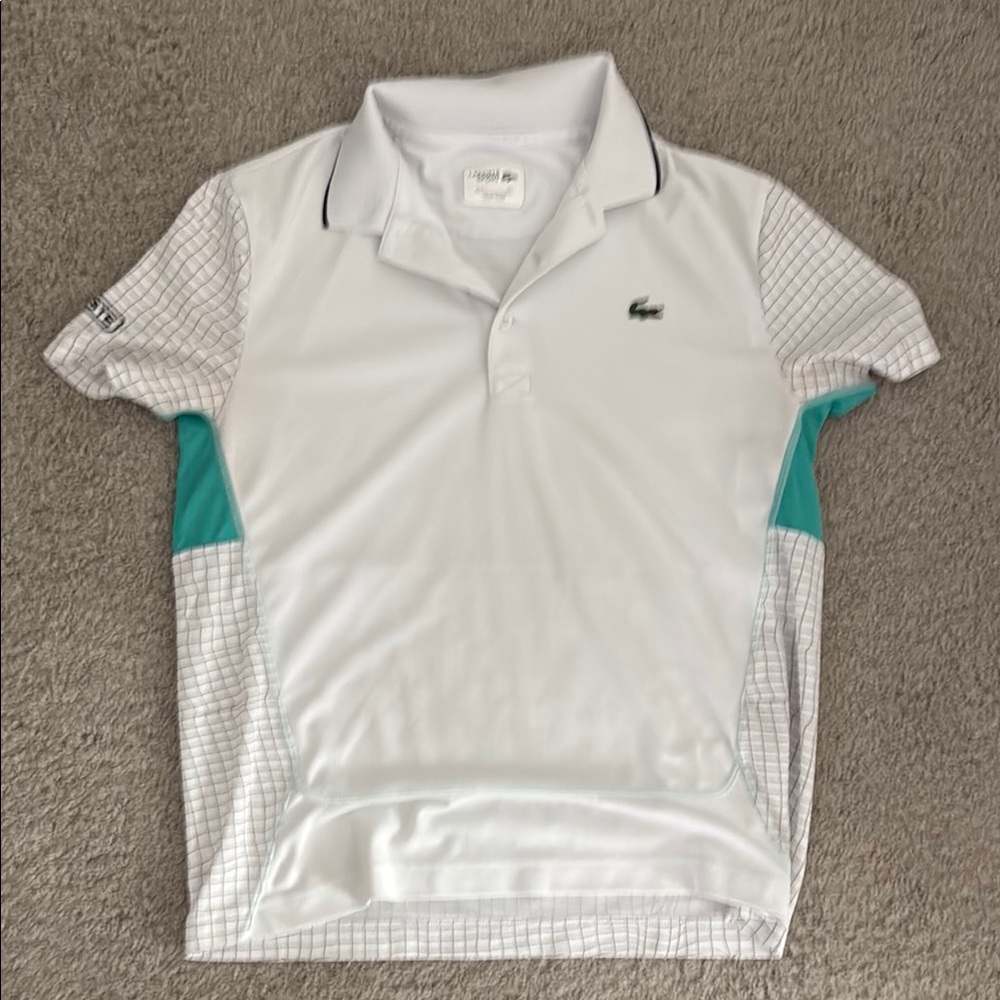 Lacoste White and Teal Polo Tennis Shirt